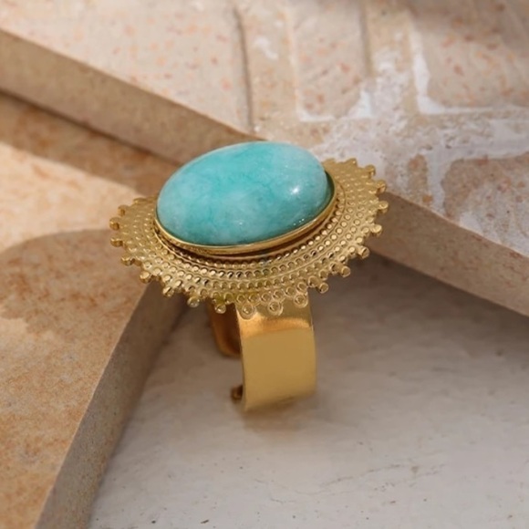 RETRO Large Aqua Natural Stone Gold Plated Statement Ring - Picture 5 of 12